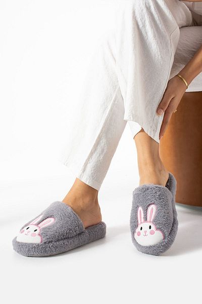 ALMİNA Rabbit Embroidered Plush Fluffy Women's Home Slippers - Silent Sole Dowry Slippers
