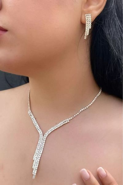 Pudraksesuar Silver Colored Evening Dress Necklace and Earring Set - for Wedding and Engagement Bride