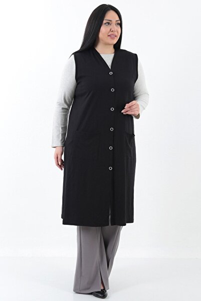 Şahbaz Plus Size Front Pocket Buttoned Long Vest