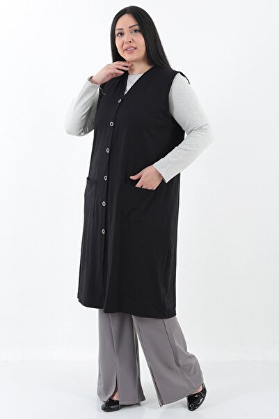 Şahbaz Plus Size Front Pocket Buttoned Long Vest