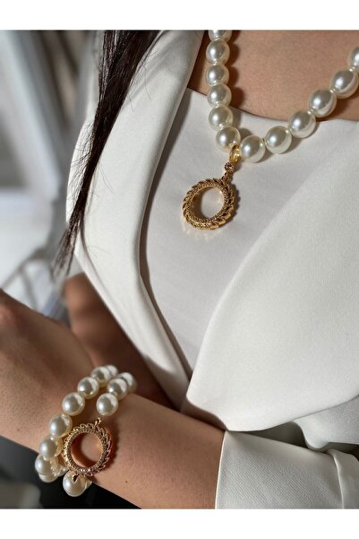 PD GRUP Yarım Altın Uyumlu Çerçeve Kolye Yarım Altın Bileklik Set Incili Yarım Altın Takılan Set Flower