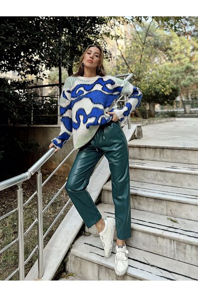 LOS FECHKA Petrol Blue Lace-Up Leather Trousers