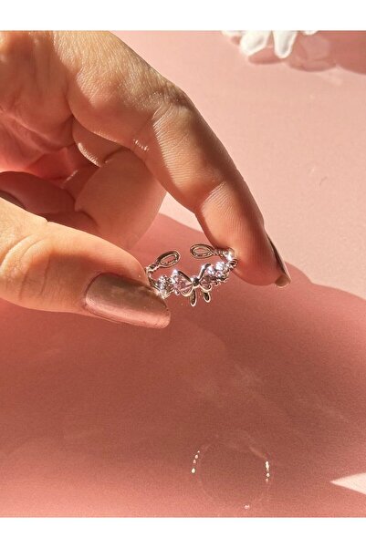 Harlofia Jewelry Pembe Taşlı Rodyum Kaplama Ayarlanabilir Fiyonk Yüzük