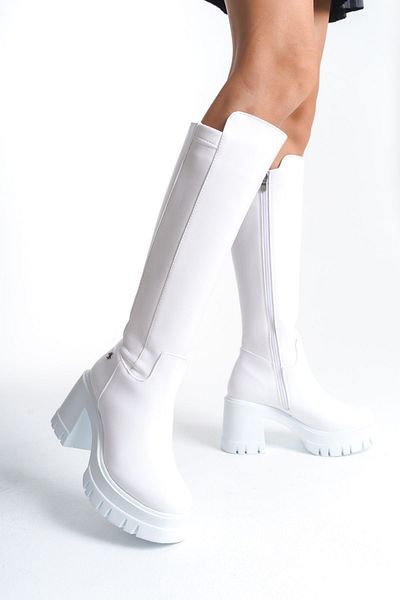 SEEM & BE Weiße Elsa Stretch-Damenstiefel mit Reißverschluss und dickem Absatz