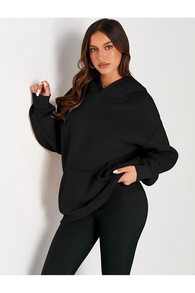 Mer's Unisex Black Oversize Hooded Sweatshirt - 3 Thread, Loose Loose Fit