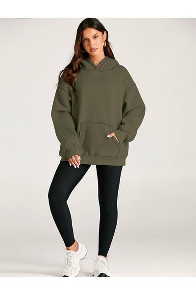 Mer's Unisex Khaki Oversize Hooded Sweatshirt - 3 Thread Raster Loose Loose Cut
