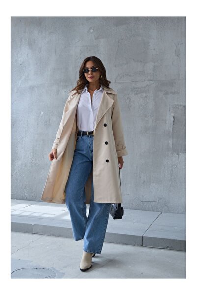 Elif Özbey Butik Taş Kemer Detaylı Kruvaze Trenç