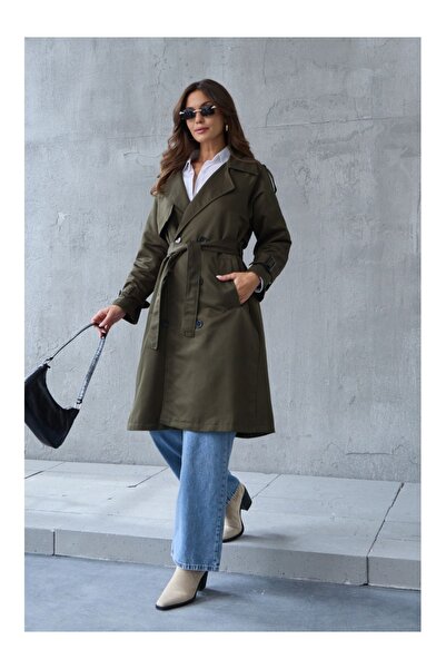 Elif Özbey Butik Haki Kemer Detaylı Kruvaze Trenç