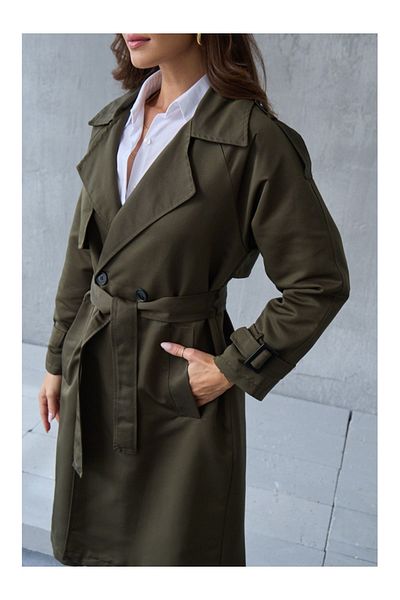 Elif Özbey Butik Double Breasted Cut Khaki Trench - Belt Detailed