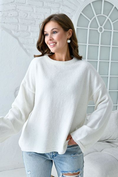 WOMAN VISION Ecru Knitwear Oversize Sweater - Off Shoulder, Wide Sleeve, Crew Neck 4091