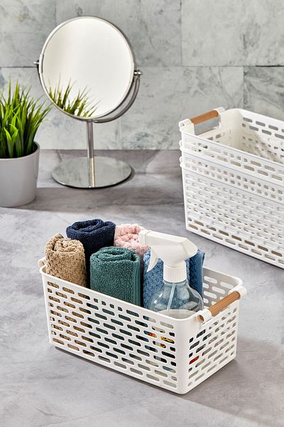 EMBazaar 4 Pieces of 4 White Wooden Color Plastic Handle Organizer Basket Bread Basket Bathroom Organizer