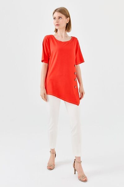 Desen Triko Γυναικείο μπλουζάκι με λαιμόκοψη με ξύλινο κουμπί μπροστά, χτενισμένο βαμβακερό πορτοκαλί