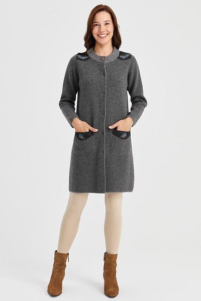 Desen Triko Women's High Collar Shoulder and Pocket Embroidered Long Wool Coat Smoked