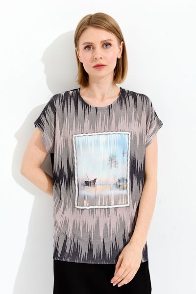 Desen Triko Tricou de damă cu decolteu și model din bumbac pieptănat, negru