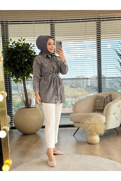 ALANURMODA Pearl Embroidered Robe Piece Denim Jacket