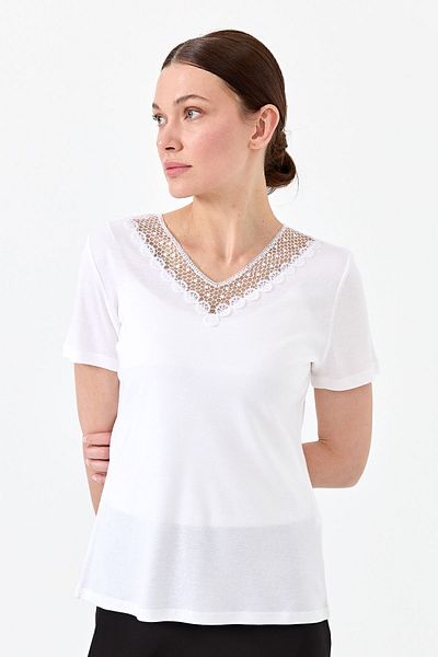 Desen Triko Tricou damă cu decolteu în V cu guler din dantelă alb