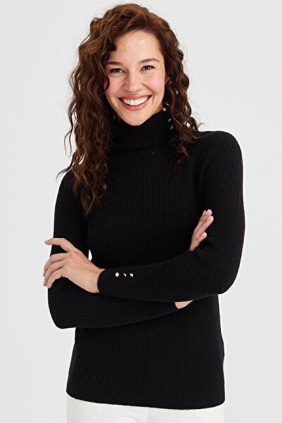 Desen Triko Γυναικείο μάλλινο πουλόβερ με πλήρες ζιβάγκο με κουμπιά μανίκι μαύρο