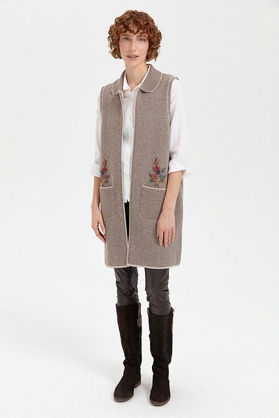 Desen Triko Women's Polo Neck Open Front Embroidered Long Wool Vest V.Beige