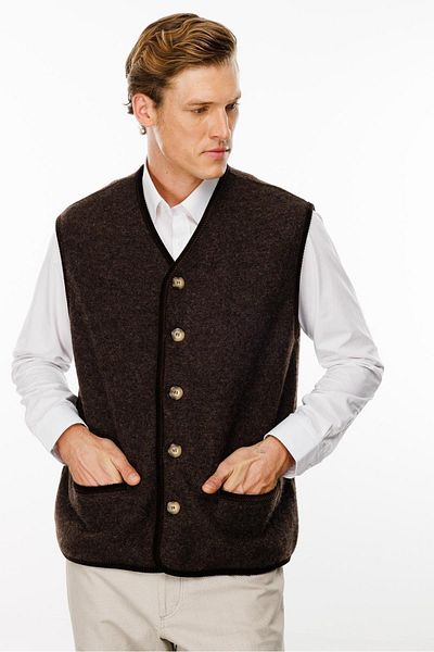 Desen Triko V-Neck Patterned Men's Wool Vest - Brown