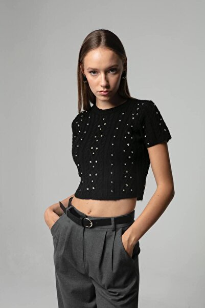 SANX Kadın Krem Taşlı Saç Örgü Crop Kısa Kollu Modern Casual Özel Gün Davet T...