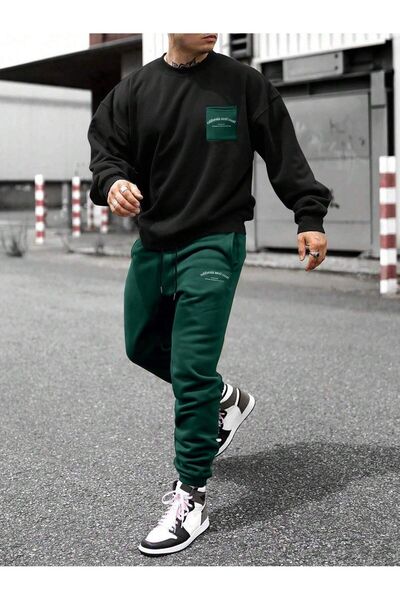 SeusCraft Φούτερ California Cep - Σετ Φόρμας Jogger σε Μαύρο και Πράσινο Neft...