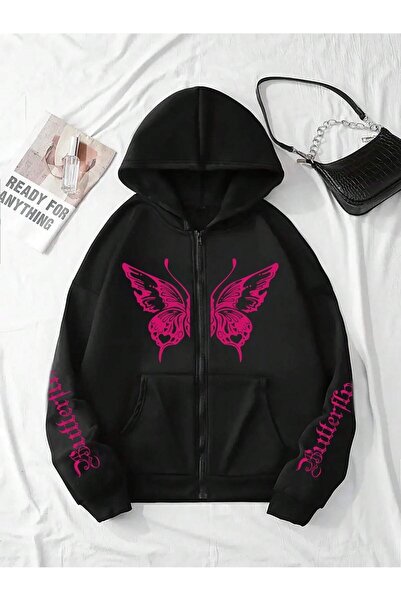 SeusCraft Cardigan negru supradimensionat cu glugă și imprimeu cu fluturi - D...