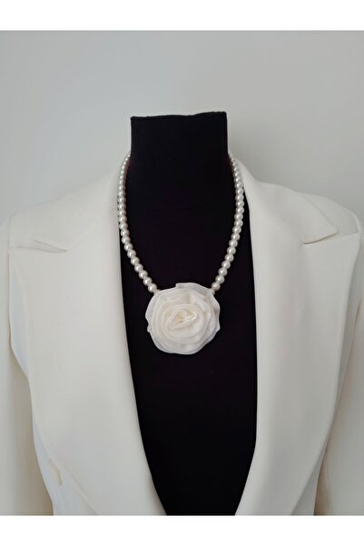 Peki Takı ve Tasarım Aksesuar Krem Renk Saten Çiçek Detaylı Uzun Krem renk ca...