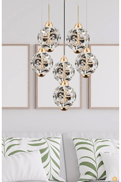 burenze 3 Renk Işıklı Modern Crystal Altılı Led Avize Kristal Taşlı Tasarım Avize Gold Sarı