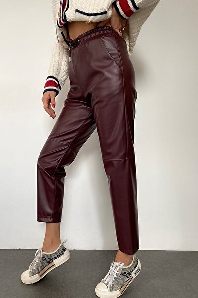 LOS FECHKA Δερμάτινο παντελόνι με ραμμένο κορδόνι και ελαστική μέση