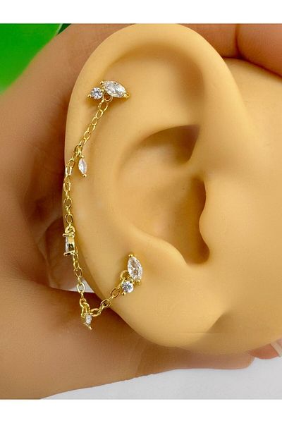 Arescollection Zircon Stone Piercing Earrings - 1 Piece, Chain Connection, Cartilage and Earlobe Compatible