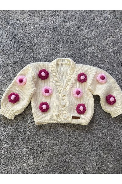 NEVALİN Hand Knitted Girl's Cardigan with Flower Detail