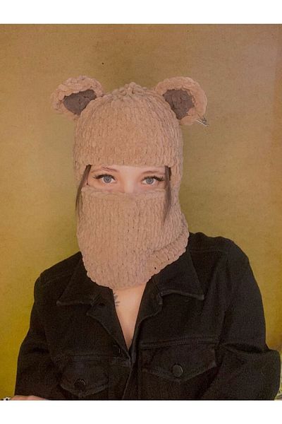 BurDen Dekoratif Ürünler & Tasarım Milk Coffee Puffy Snow Mask, fashion, trend Design Handmade, Hat, Winter, Beanie, snowboard, Balaclava