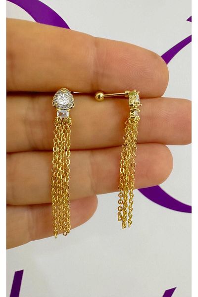 Arescollection Zircon Stone Piercing Earrings - 1 Chain, Cartilage Earlobe