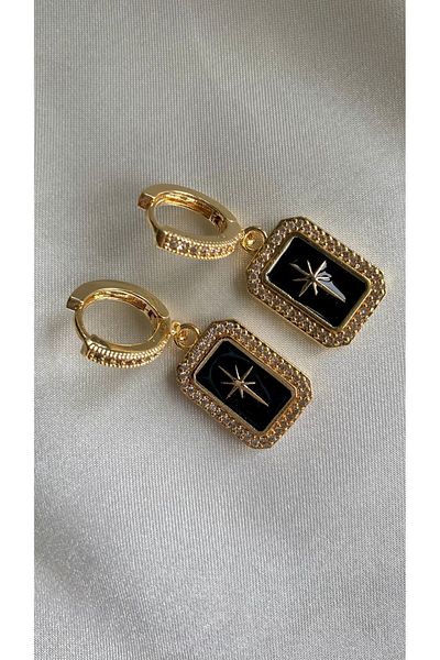 CanElif Accessories Starry Rectangular Pole - Gold Black Detailed Earrings
