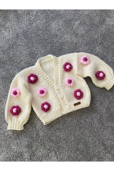 NEVALİN Hand Knitted Girl's Cardigan with Flower Detail