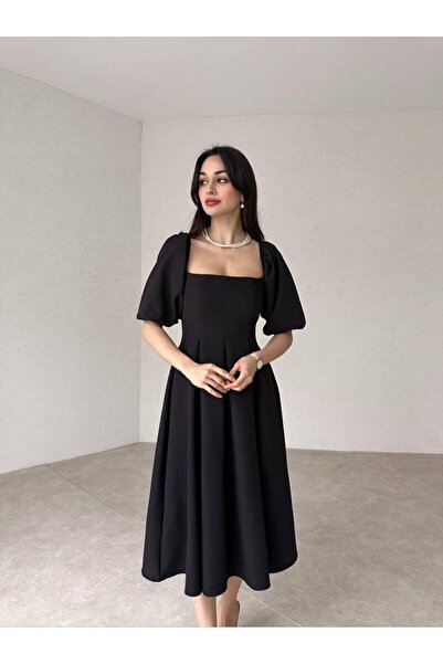 Afiş Butik Kare Yaka Balon Kollu Pileli Midi Boy Elbise