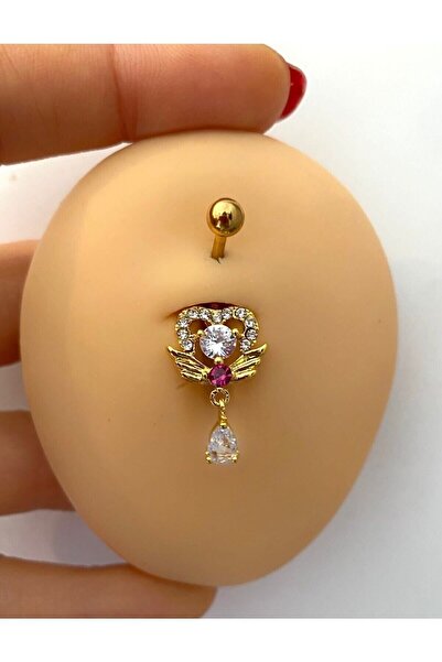 Arescollection cerrahi çelik zirkon taşlı kalpli göbek piercingi