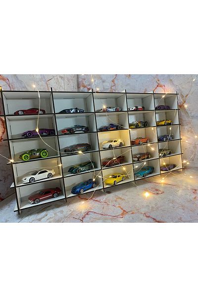 ReFason Desing Wooden Car Shelf 25 Pieces White Color (Suitable for Hotwheels and Matcbox Cars)