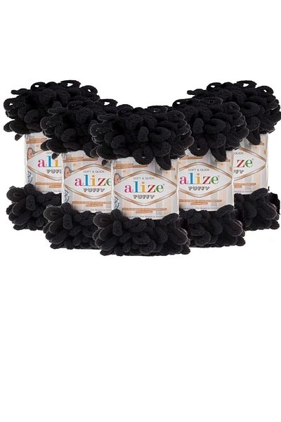Alize Puffy Hand Knitting Thread 5 Pack - 60 Black - 100 gr9mt