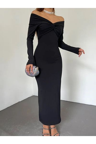 DENİKK Γυναικείο μαύρο trend φόρεμα 1018 Boat Neck με διπλό στήθος Midi μήκος από απαλό ύφασμα