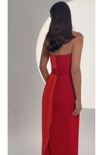 ALFABETA Crepe Long Dress - Strapless and Waist Embroidered Belt Detail