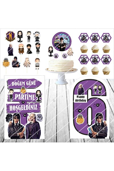 SİYAH PARTİ EVİ نموذج طاولة عيد الميلاد الأربعاء لعمر 6 سنوات - مجموعة تزيين الكيك