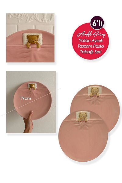 Anadolu Saray 19cm Ceramic Lying Bear Shaped Handmade Cake Plate - Set of 6 Dessert Breakfast