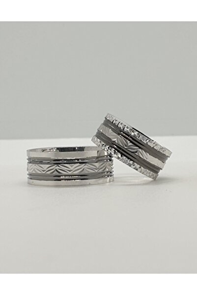 Gri Gümüş 925 Ayar 8mm Cnc Çift Siyah Oluklu Alyans