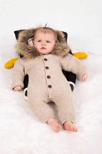 wofım kıds 3-18 Ay Triko Kapüşonlu  Natural Bebek Tulum