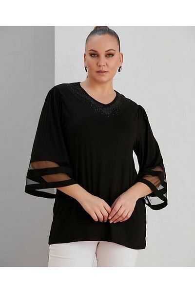 Te&Te Women's Large Size Three-quarter Sleeve Blouse with Stone Detail on the Collar