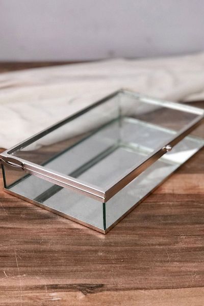 ÇerçiDede Glass Small Metal Framed Presentation Box with Lid Chocolate Candy and Jewelry Box 25x14 Cm Silver