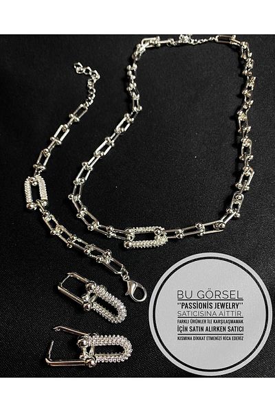 Passionis Jewelry مجموعة من 3 قطع من سلسلة تيفاني من الروديوم الفضي وحجر الزركون وسوار وأقراط