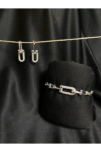 Passionis Jewelry مجموعة من 3 قطع من سلسلة تيفاني من الروديوم الفضي وحجر الزركون وسوار وأقراط