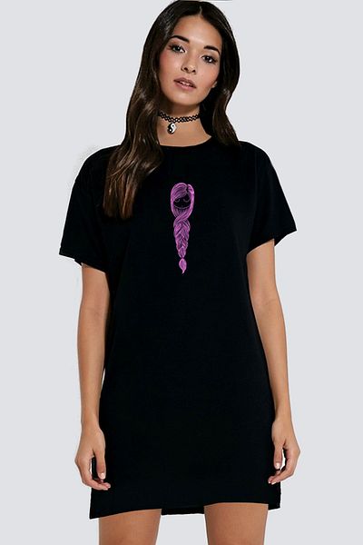 ROCKANDROLL Braid Hair Black Short Sleeve Combed Cotton Women's T-Shirt Dress